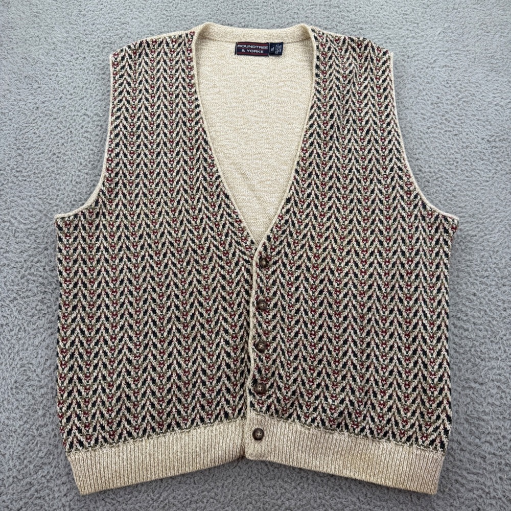 Roundtree & Yorke Mens XL Cotton Chevron Button Front Sweater Vest USA Grandpa